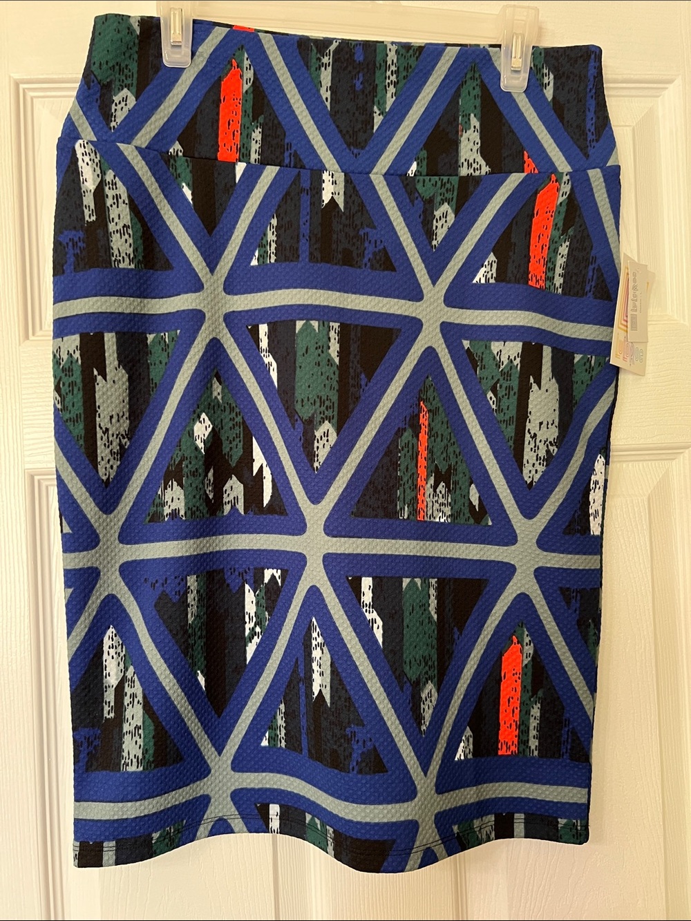 LuLaRoe Geometric Midi Skirt in Blue, Black and Gray with Orange Accents